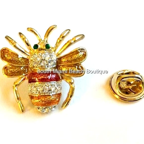 Bumble Bee Lapel Pin Brooch Gold Plated Crystal Tie Tac Hat Enamel Insect - Picture 5 of 9
